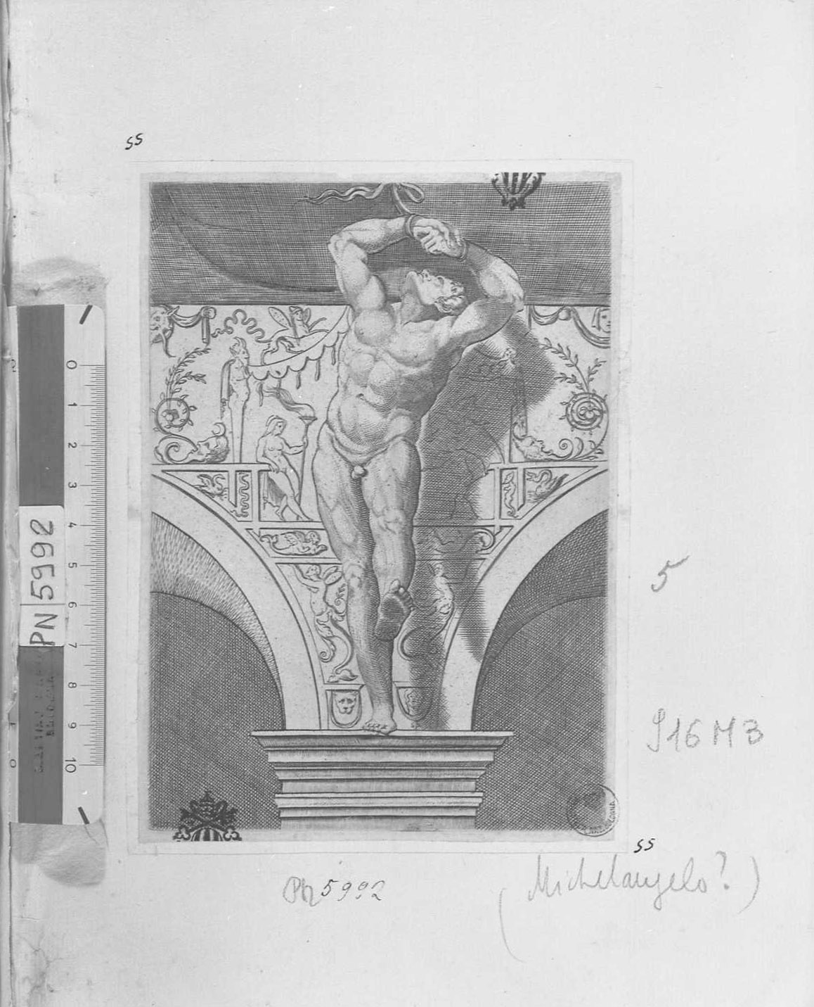 Un ignudo e ornato della volta, figure maschili (stampa tagliata) - ambito fiorentino (sec. XVII)