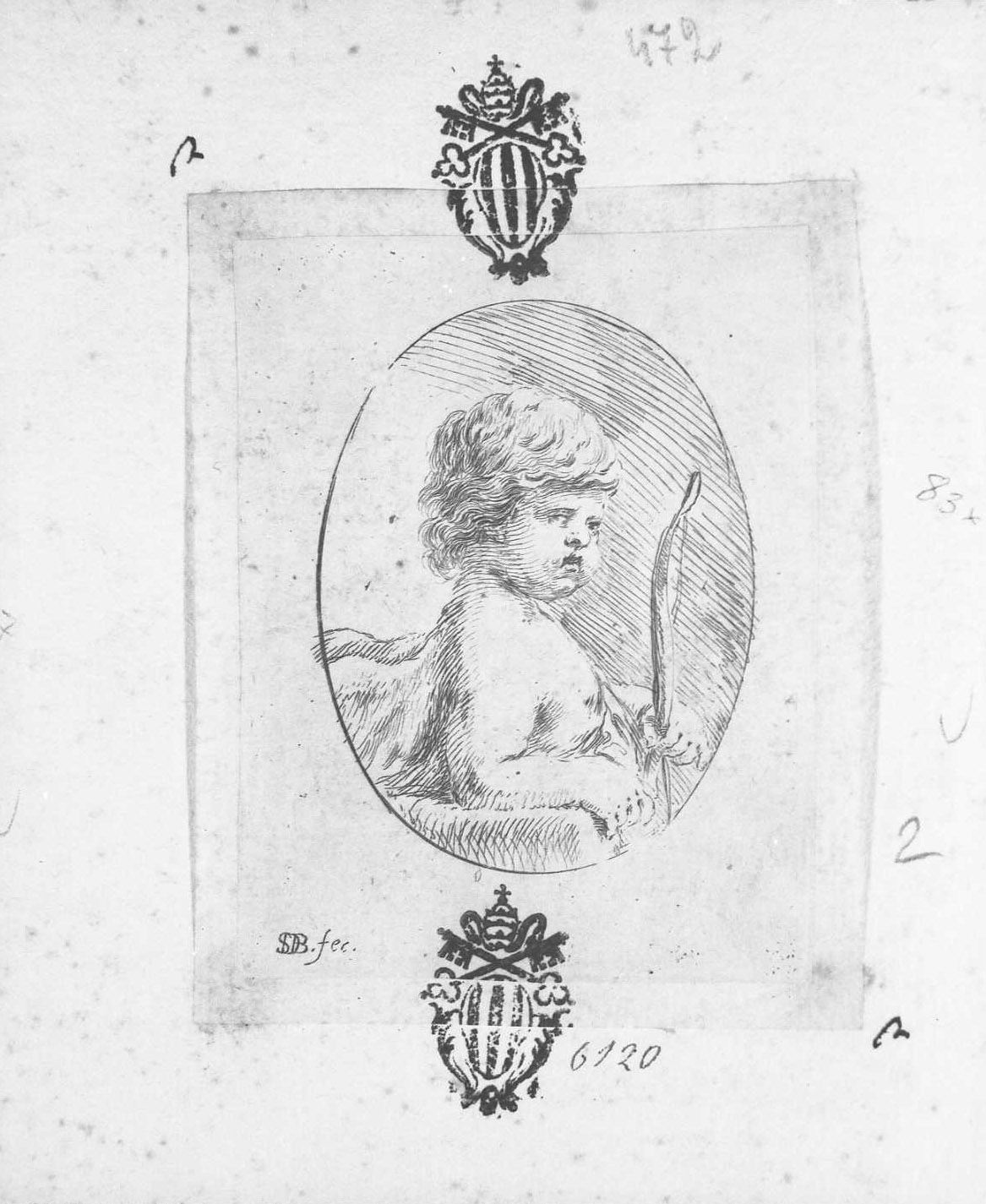 Libro per apprendere a disegnare: amorino con arco, figura (stampa tagliata) di Della Bella Stefano (sec. XVII)
