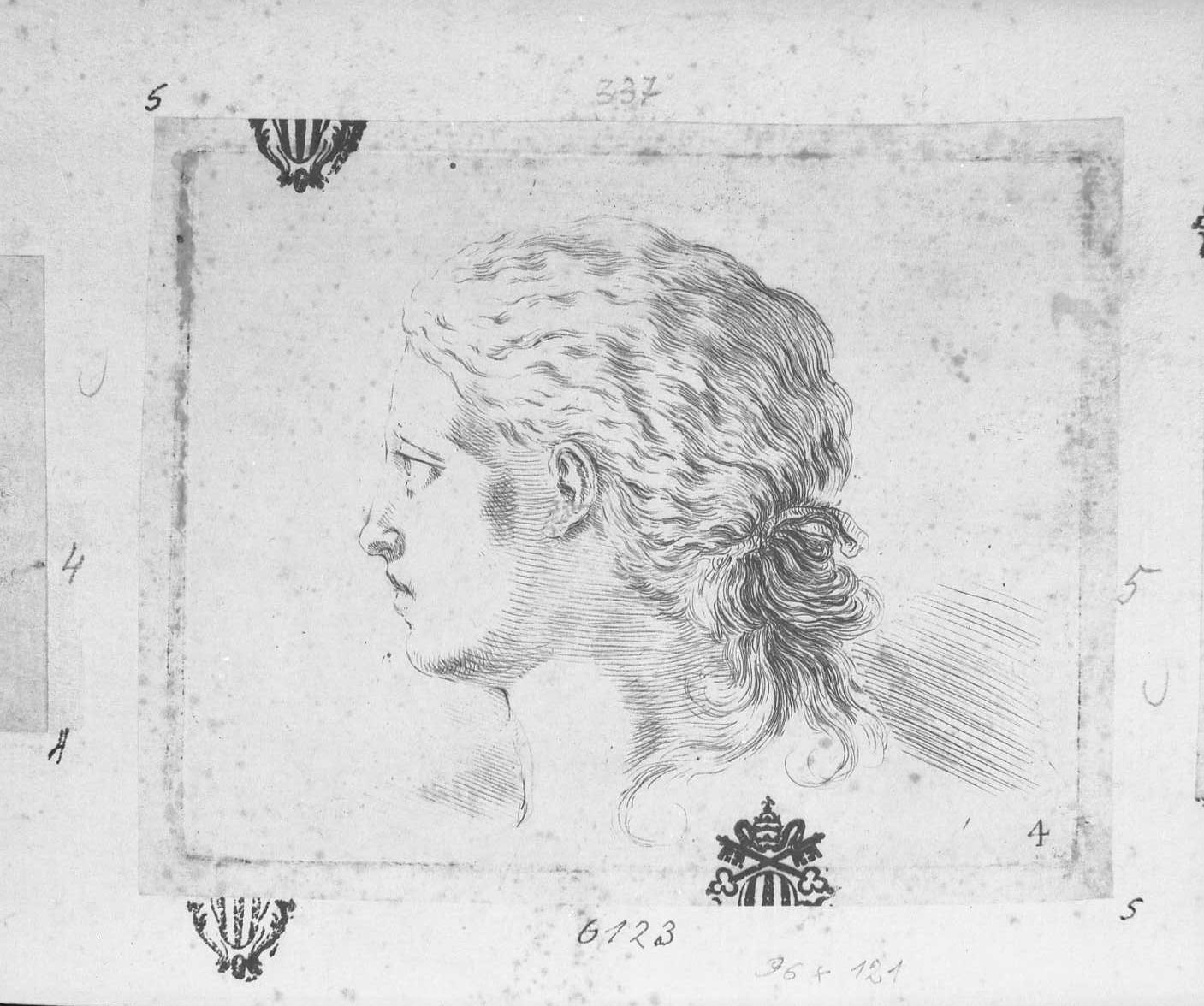 Libro per apprendere a disegnare: testa di donna di profilo volta a sinistra, figura femminile (stampa tagliata) di Della Bella Stefano (sec. XVII)
