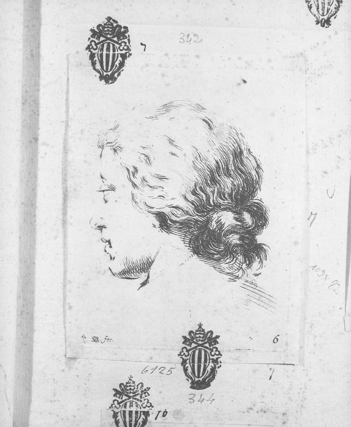 Libro per apprendere a disegnare: testa di donna volta a destra, figura femminile (stampa tagliata) di Della Bella Stefano (sec. XVII)
