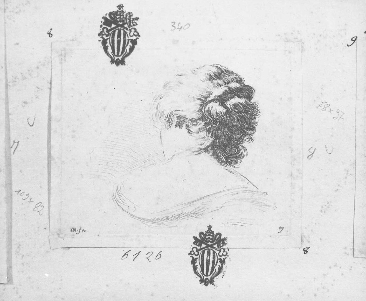 Libro per apprendere a disegnare: busto di fanciulla vista di spalle, figura femminile (stampa tagliata) di Della Bella Stefano (sec. XVII)