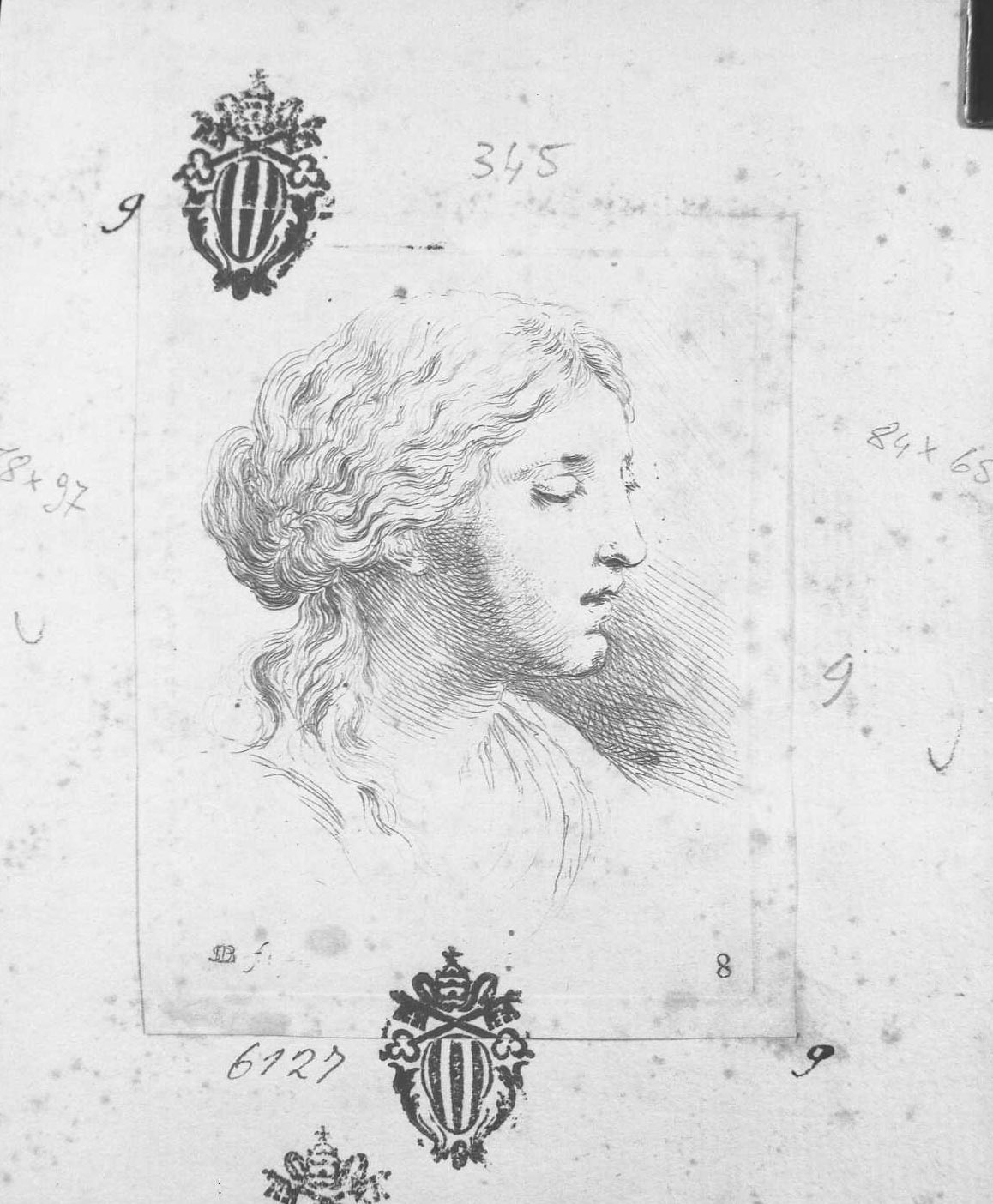 Libro per apprendere a disegnare: testa di donna con gli occhi abbassati, figura femminile (stampa tagliata) di Della Bella Stefano (sec. XVII)