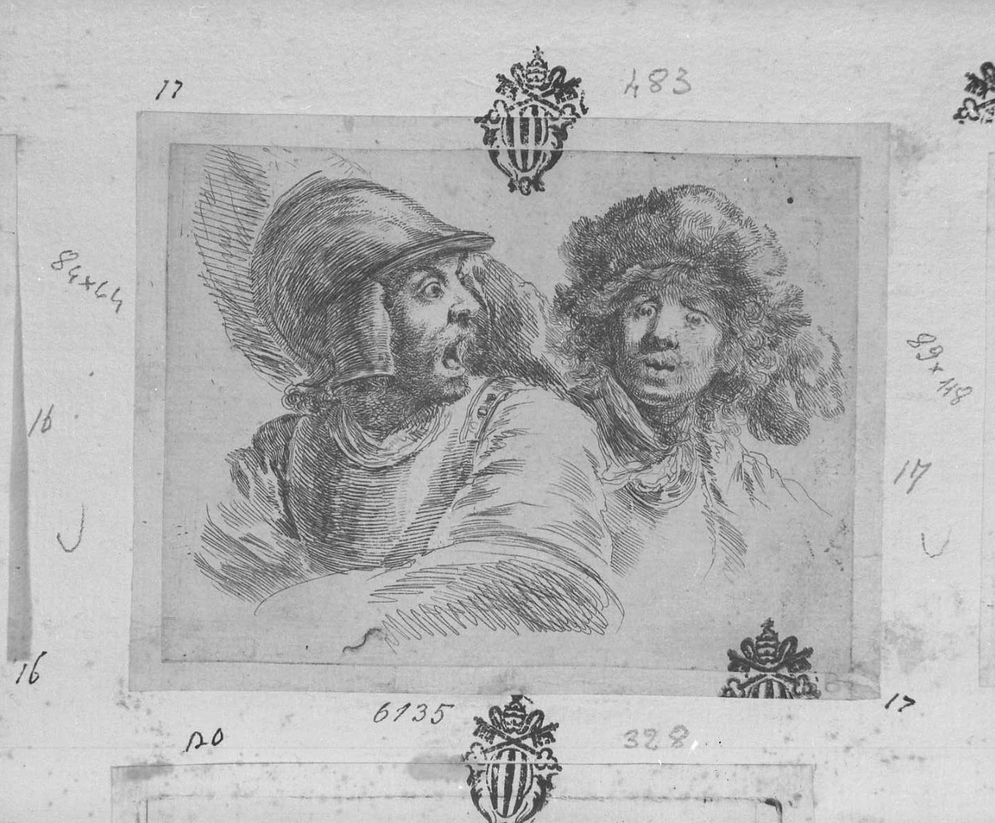 Libro per apprendere a disegnare: soldato che grida e uomo con copricapo, figura maschile (stampa tagliata) di Della Bella Stefano (sec. XVII)