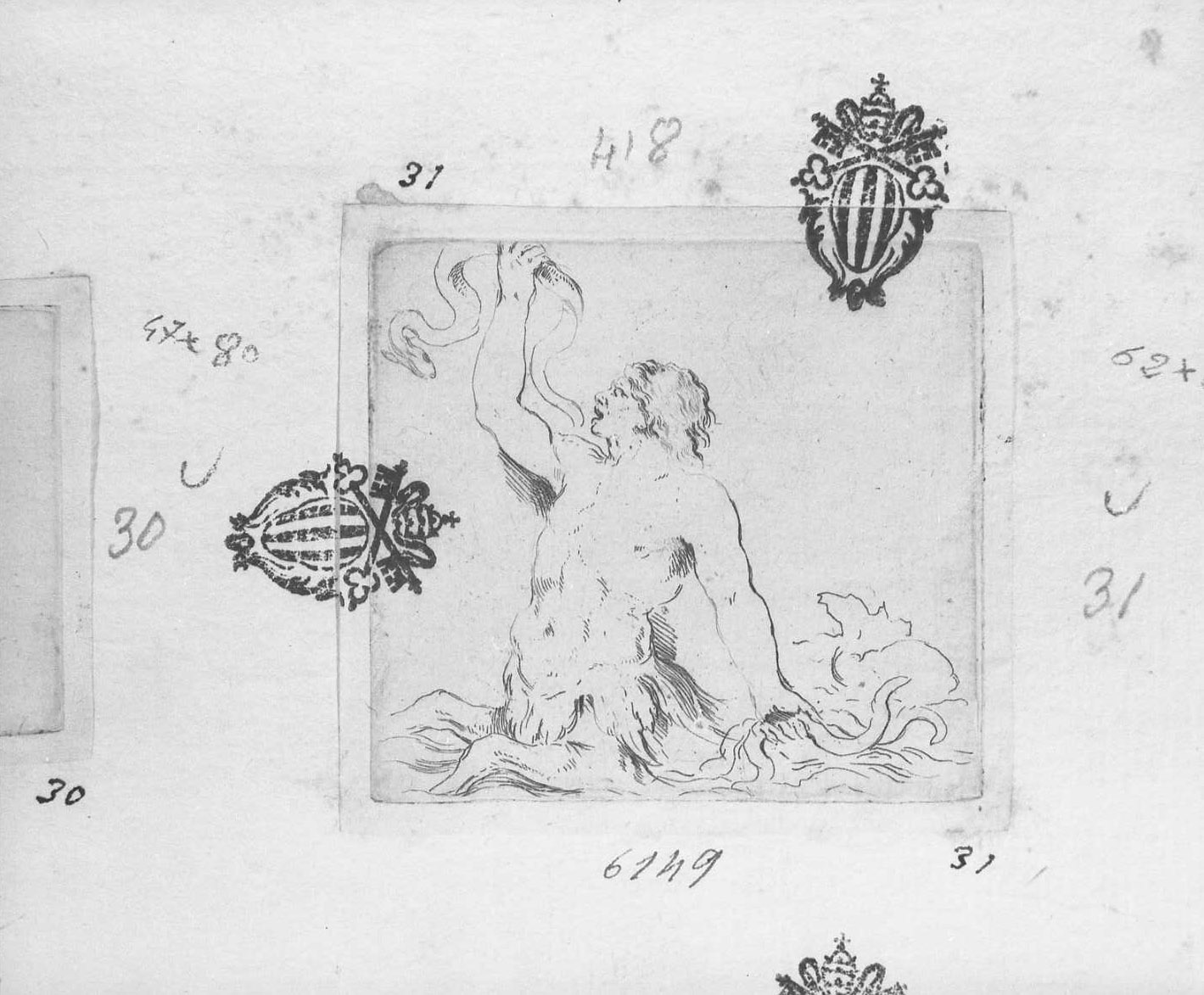 Diverse figure e schizzi: tritone in acqua con anguille, animali (stampa tagliata) di Della Bella Stefano (sec. XVII)