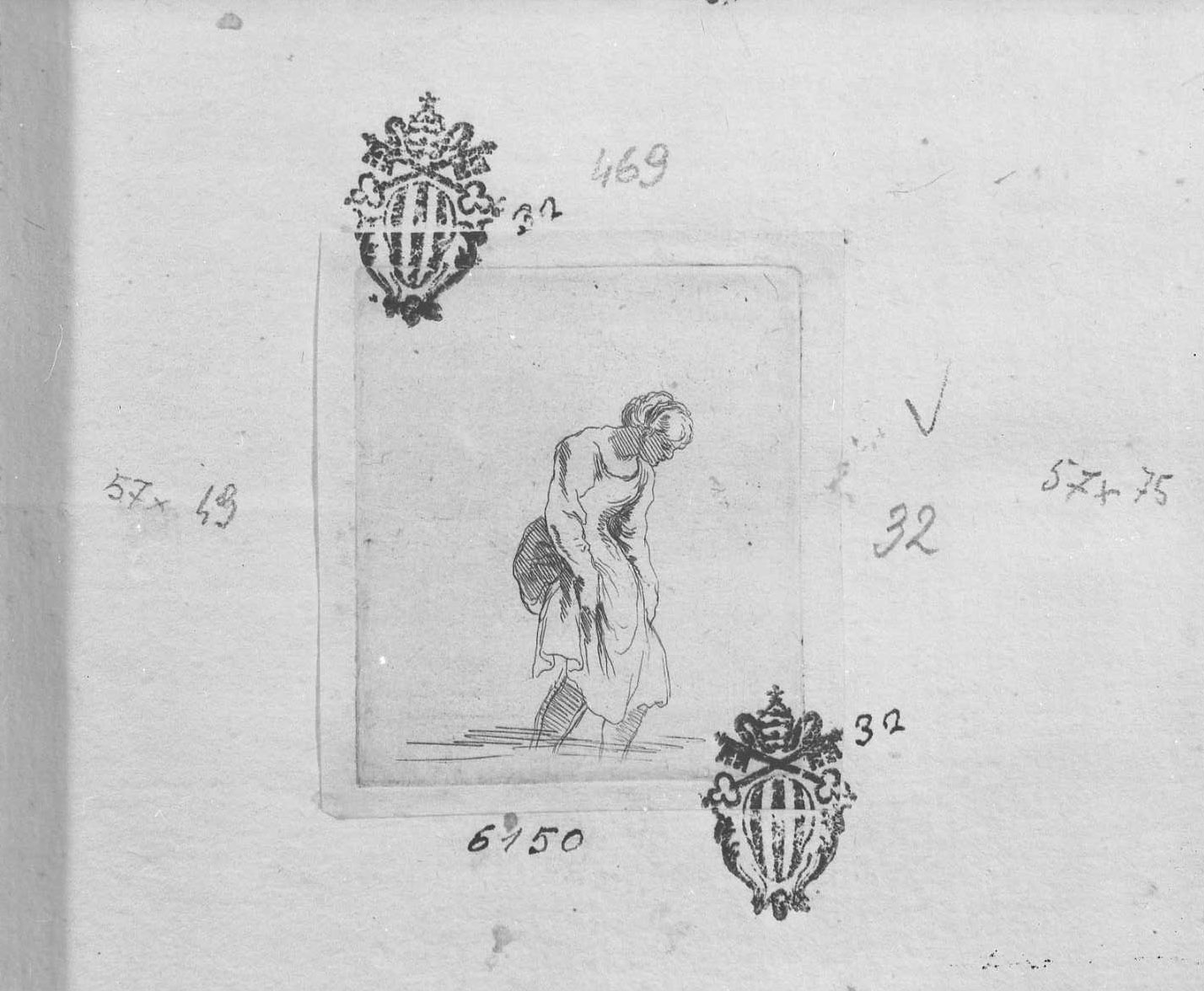 Diverse figure e schizzi: contadina con i piedi in acqua, figura femminile (stampa tagliata) di Della Bella Stefano (sec. XVII)