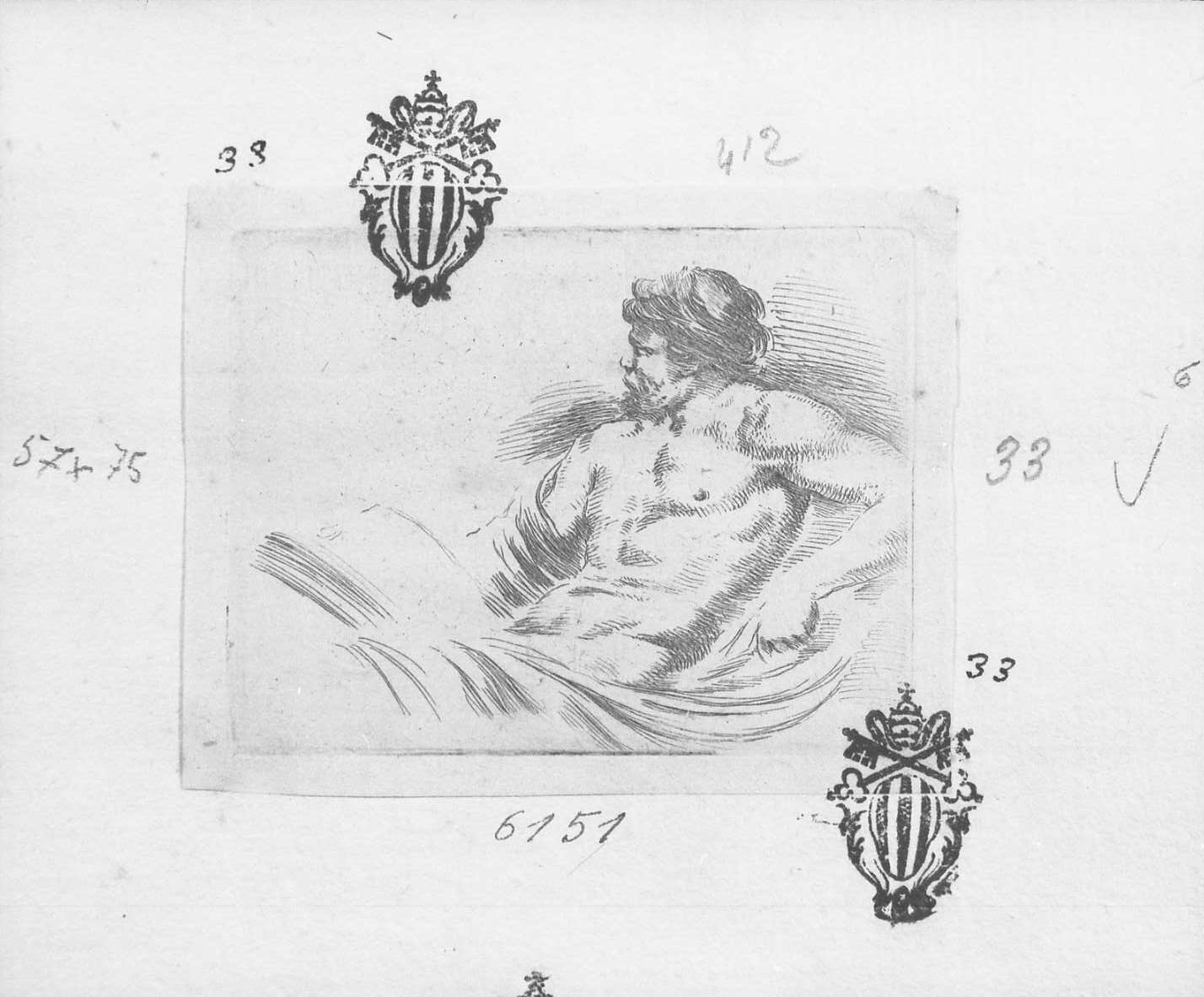 Diverse figure e schizzi: nudo virile sdraiato, figura maschile (stampa tagliata) di Della Bella Stefano (sec. XVII)