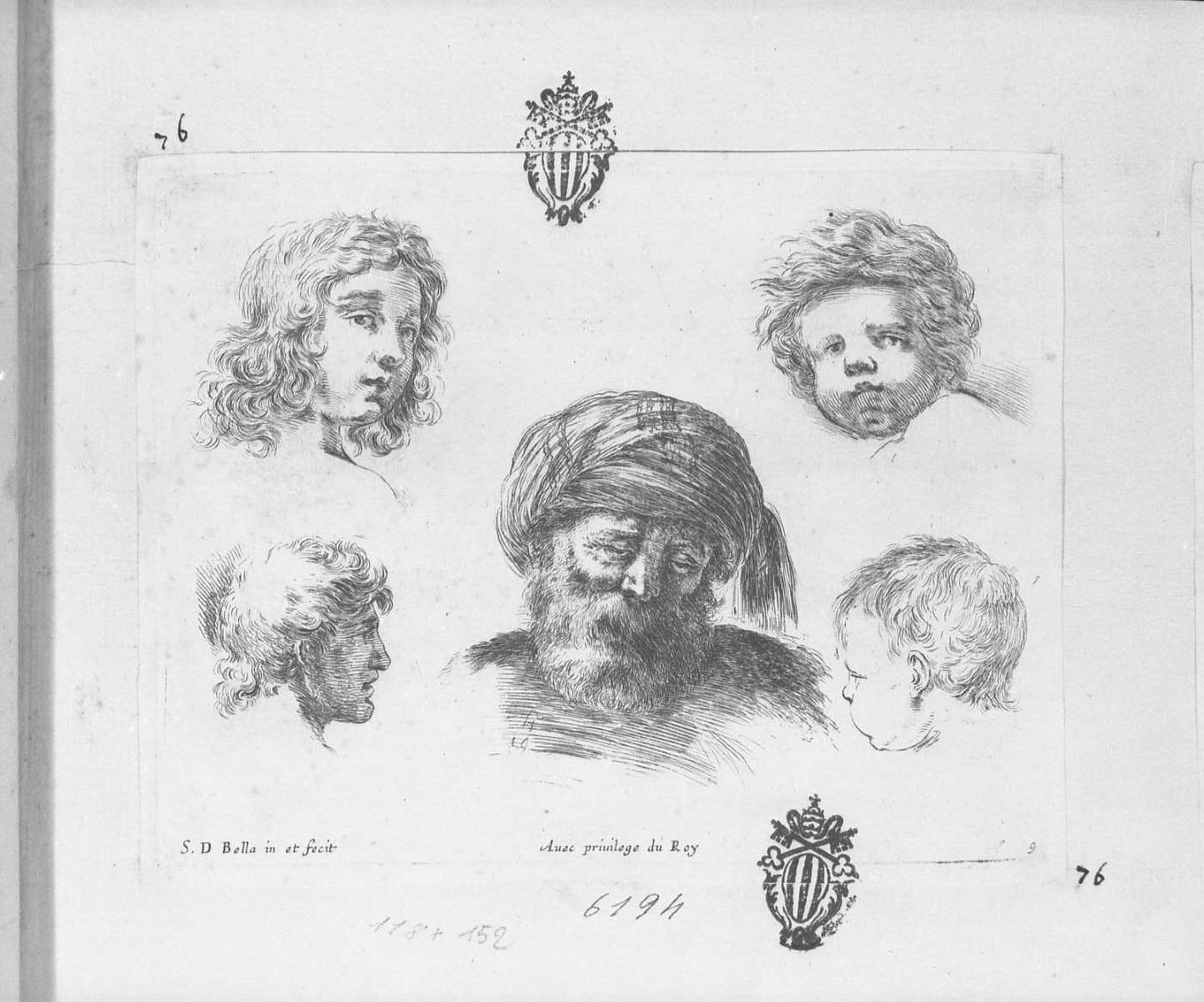 I principi del disegno: testa di vecchio con turbante e ai lati quattro teste di fanciulli, figura maschile (stampa tagliata) di Della Bella Stefano (sec. XVII)