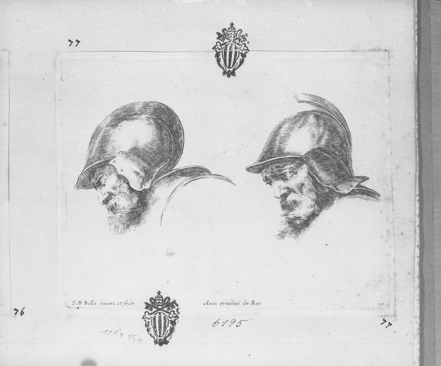 I principi del disegno: due teste di vecchi soldati, figura maschile (stampa tagliata) di Della Bella Stefano (sec. XVII)