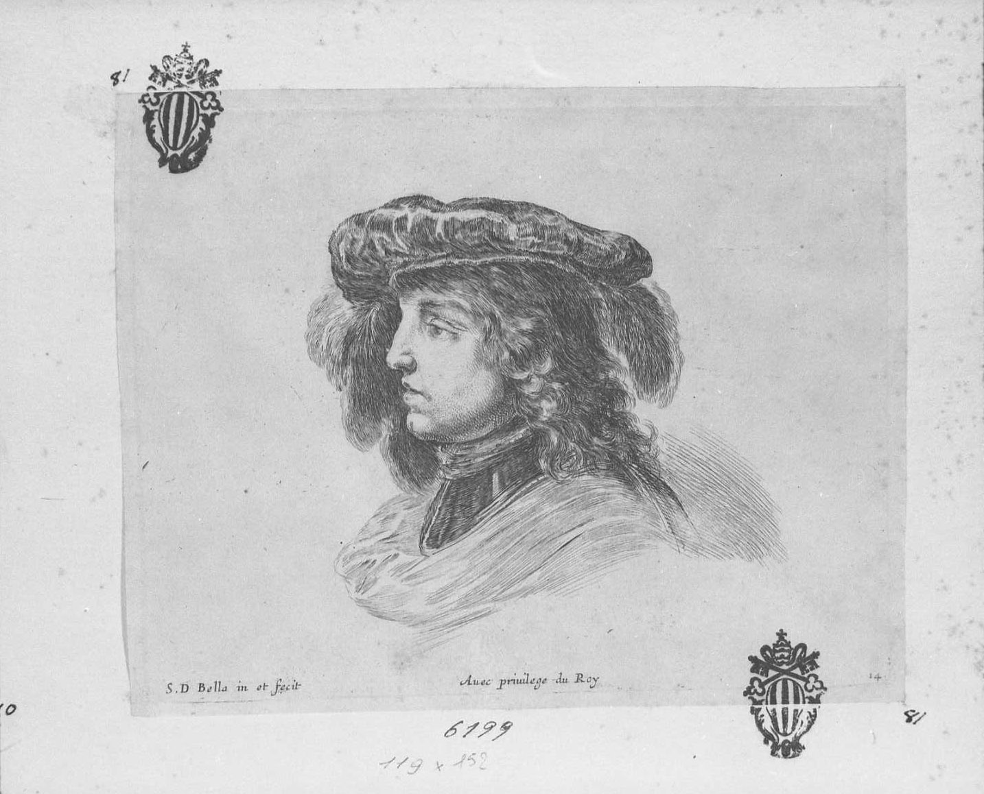 I principi del disegno: testa di giovane con cappello piumato, figura maschile (stampa tagliata) di Della Bella Stefano (sec. XVII)