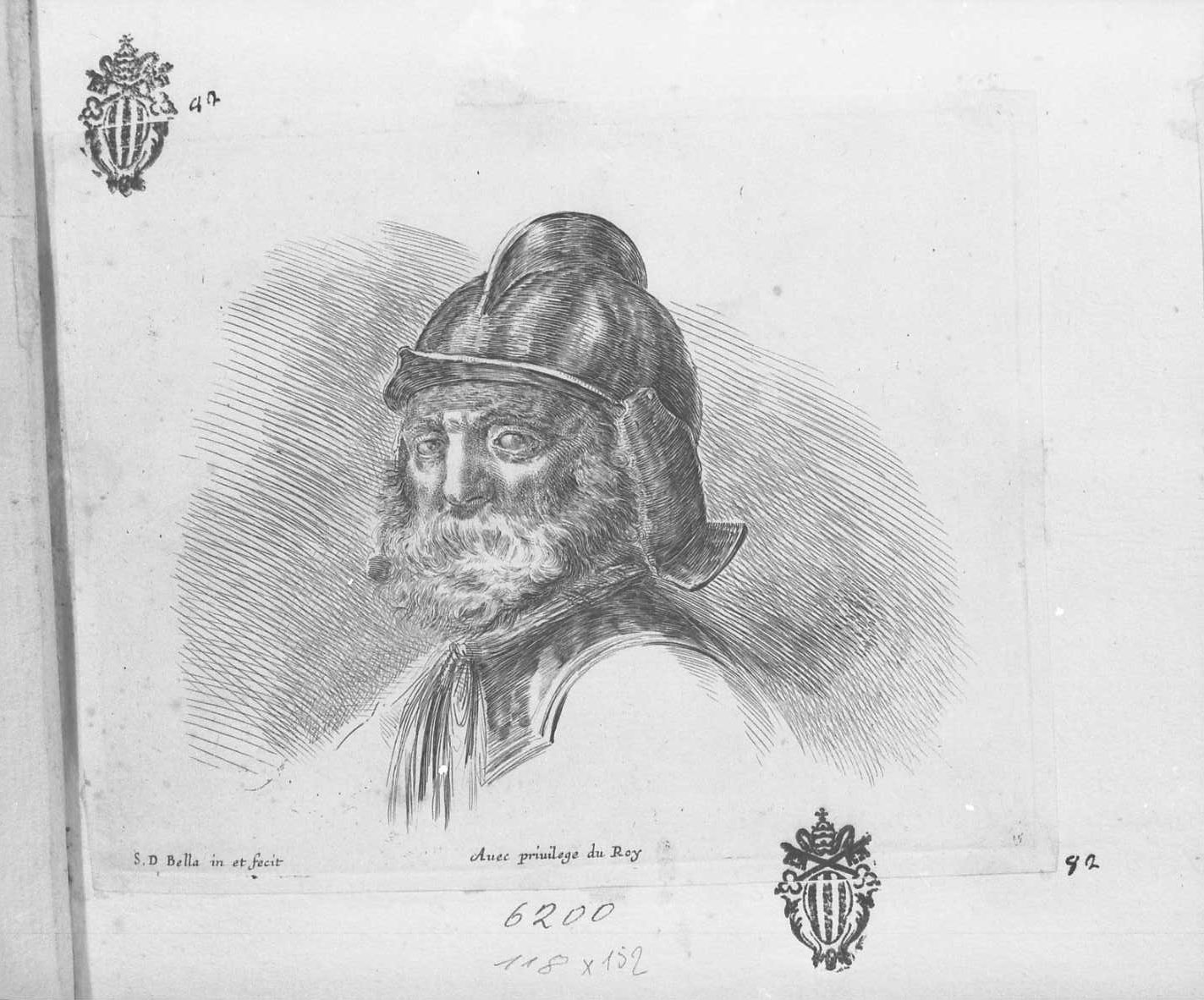 I principi del disegno: testa di giovane soldato visto di tre quarti, figura maschile (stampa tagliata) di Della Bella Stefano (sec. XVII)