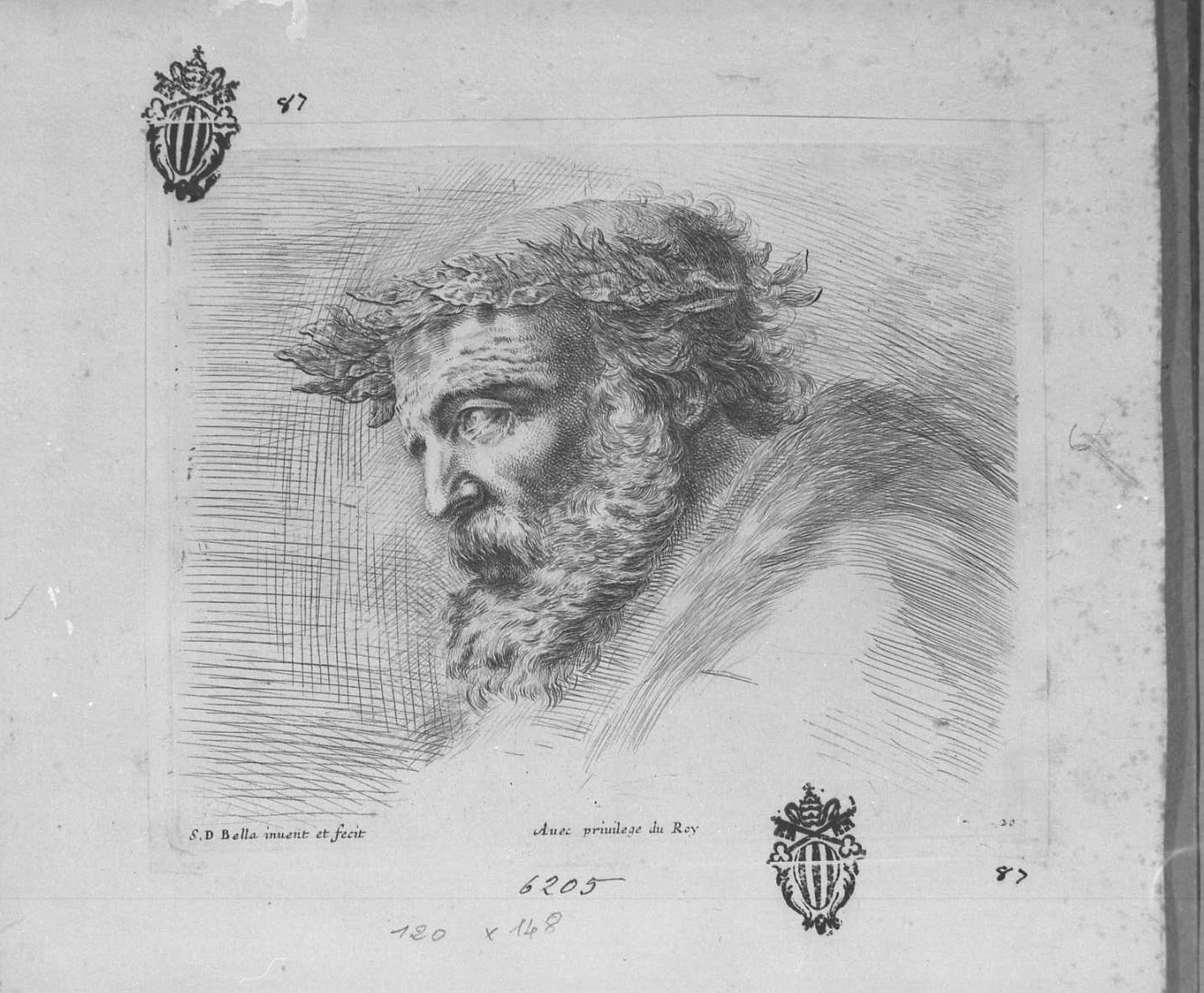 I principi del disegno: testa di vecchio con scettro d'alloro, figura maschile (stampa tagliata) di Della Bella Stefano (sec. XVII)