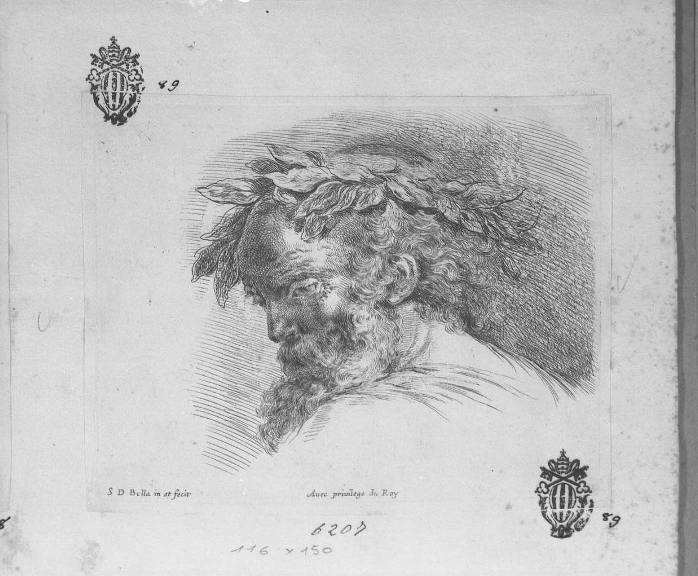 I principi del disegno: testa di vecchio coronata d'alloro, figura maschile (stampa tagliata) di Della Bella Stefano (sec. XVII)