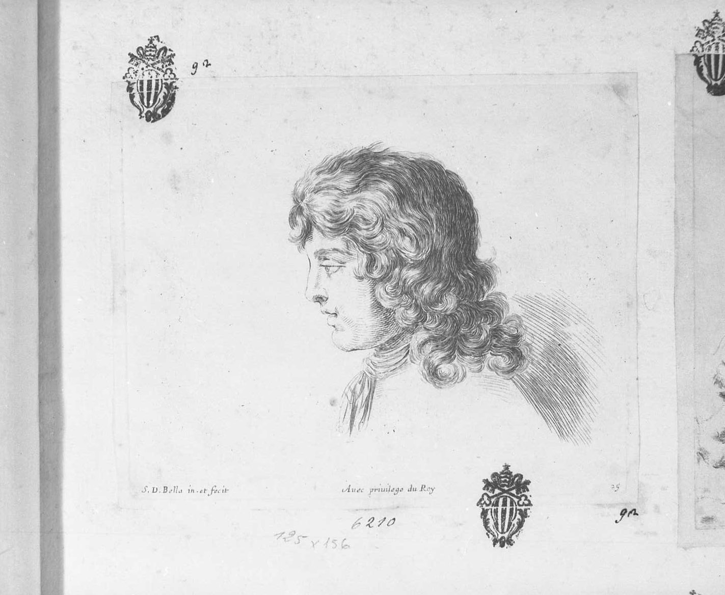 I principi del disegno: testa di giovinetto volto a sinistra, figura maschile (stampa tagliata) di Della Bella Stefano (sec. XVII)
