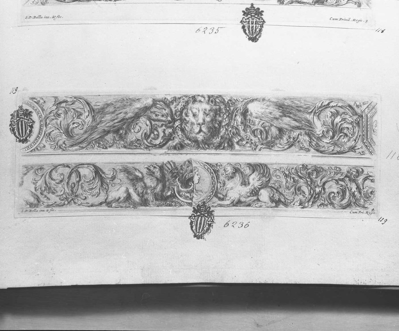 Due fregi sulla stessa lastra, fregi (stampa tagliata) di Della Bella Stefano (sec. XVII)