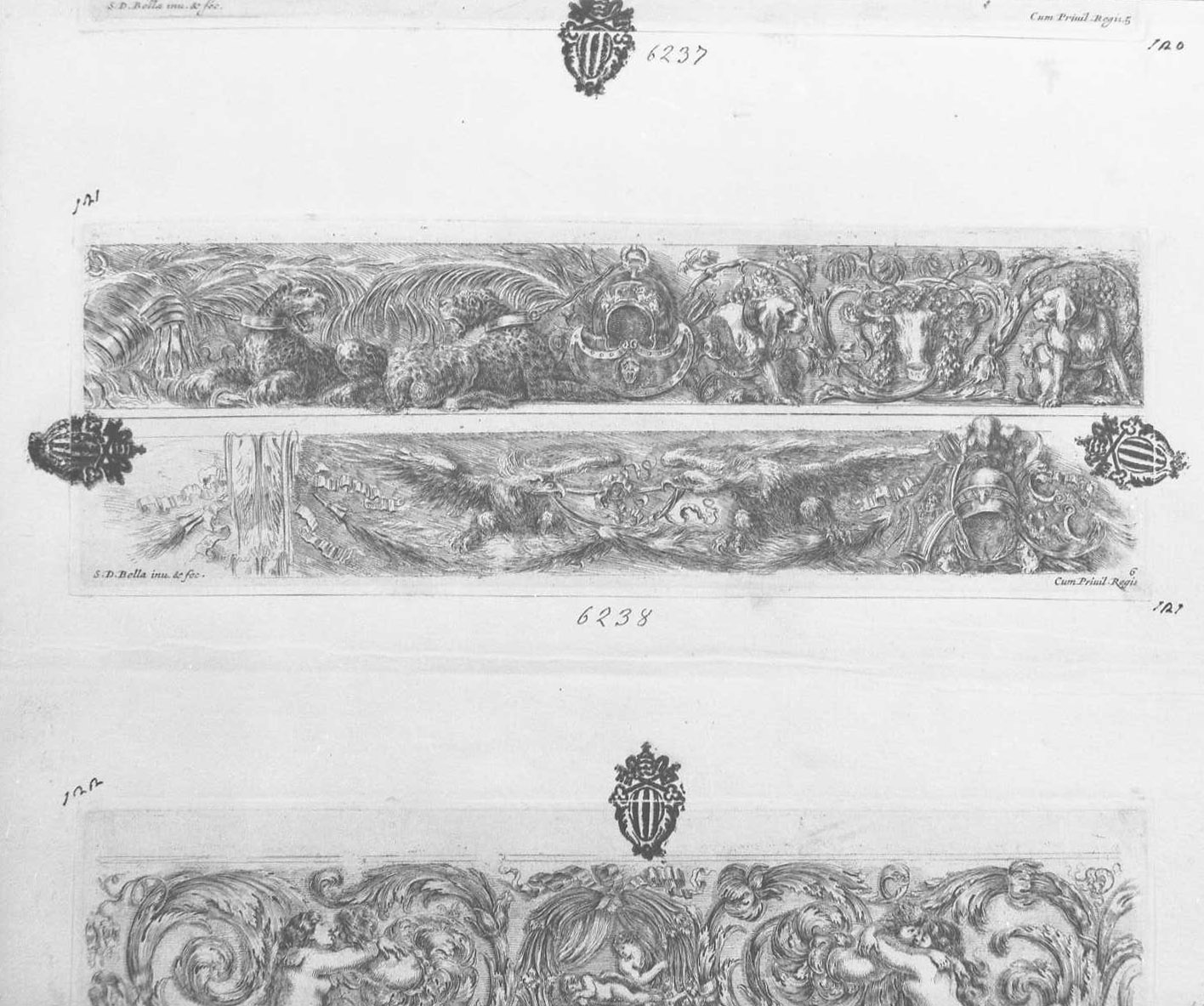 Due fregi sulla stessa lastra, fregi (stampa tagliata) di Della Bella Stefano (sec. XVII)