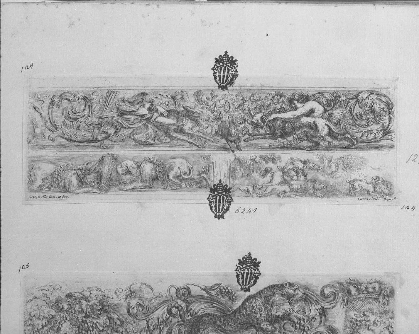 Tre fregi sulla stessa lastra, fregi (stampa tagliata) di Della Bella Stefano (sec. XVII)