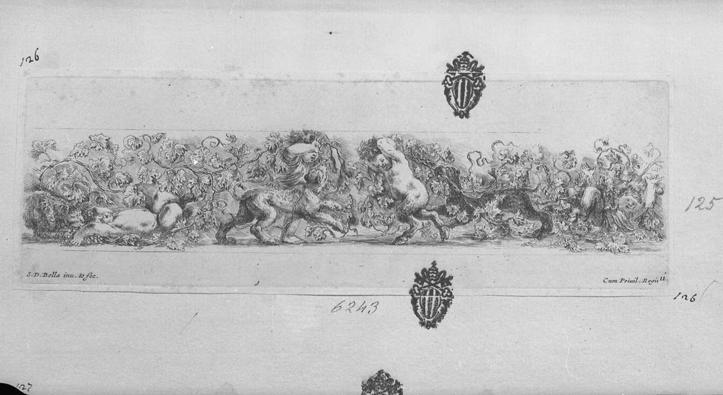 Quattro fanciulli e tre tigri giocano con tralci di vite, figure (stampa tagliata) di Della Bella Stefano (sec. XVII)