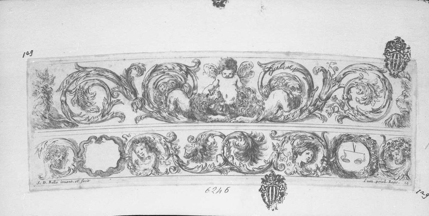 Due fregi sulla stessa lastra, fregi (stampa tagliata) di Della Bella Stefano (sec. XVII)