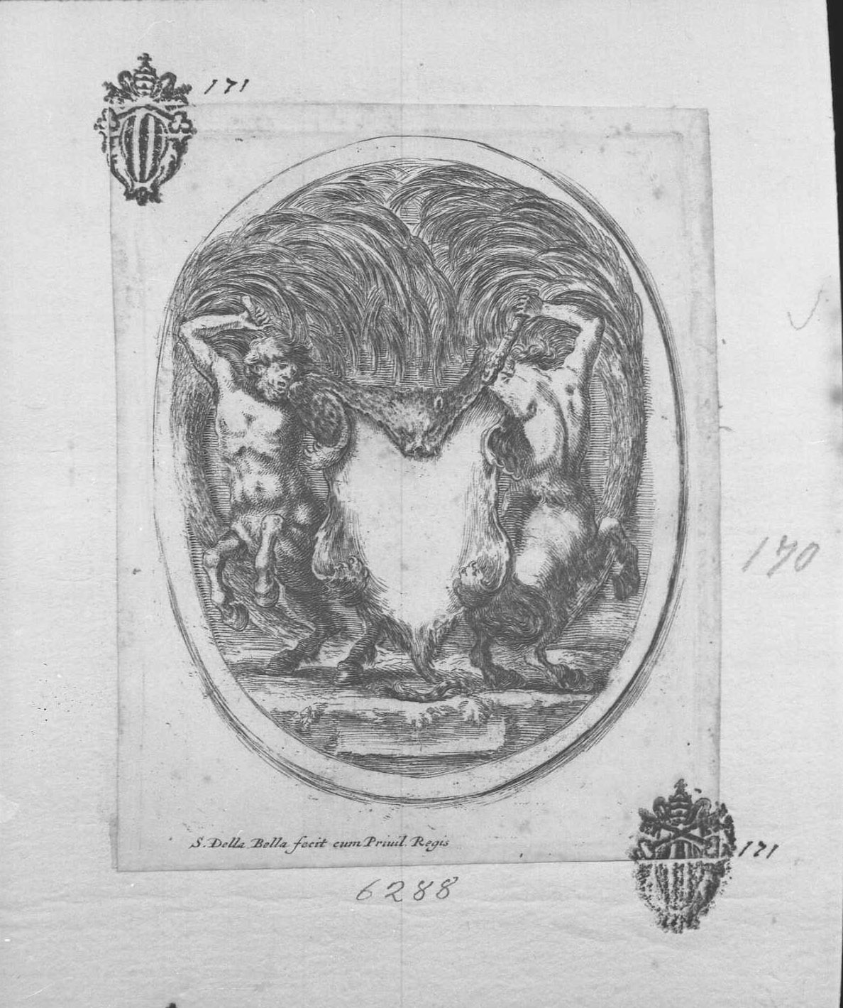 Nuove invenzioni di cartouche: cartouche con pelle di tigre e due centauri, libri (stampa tagliata) di Della Bella Stefano (sec. XVII)