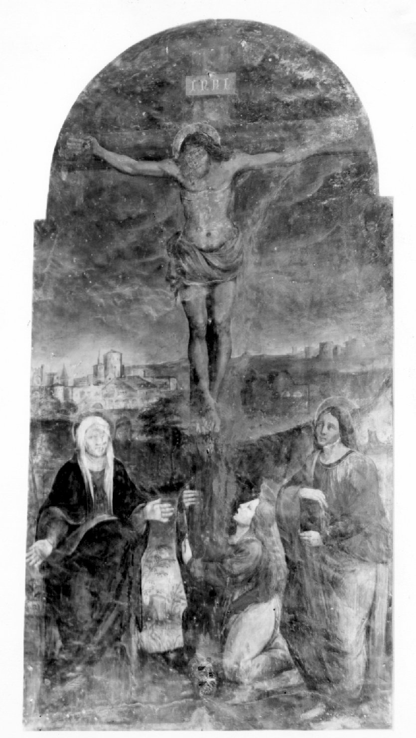 crocifissione di Cristo con la Madonna, Santa Maria Maddalena e San Giovanni Evangelista (dipinto murale, ciclo) di Ramenghi Bartolomeo detto Bagnacavallo (sec. XVI)