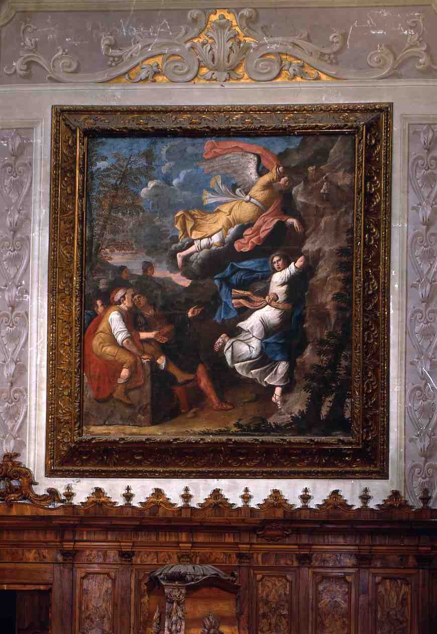 Santa Tecla si nasconde nella montagna apertale dall'angelo (dipinto, elemento d'insieme) di Avanzi Giuseppe (sec. XVII)