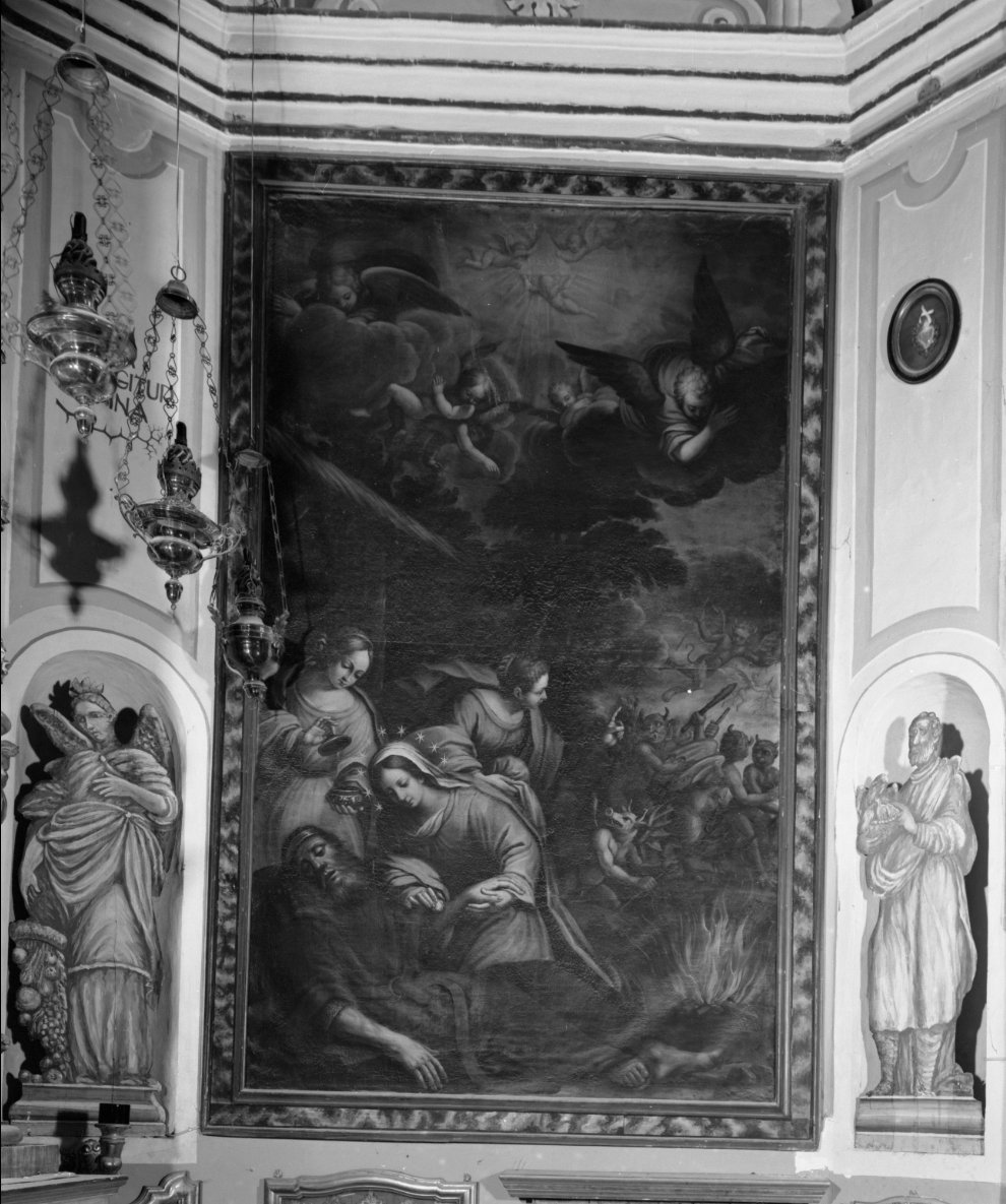 San Guglielmo d'Aquitania bastonato da demoni e salvato da tre Sante Vergini (dipinto, elemento d'insieme) di Mezzogori Cesare (sec. XVII)