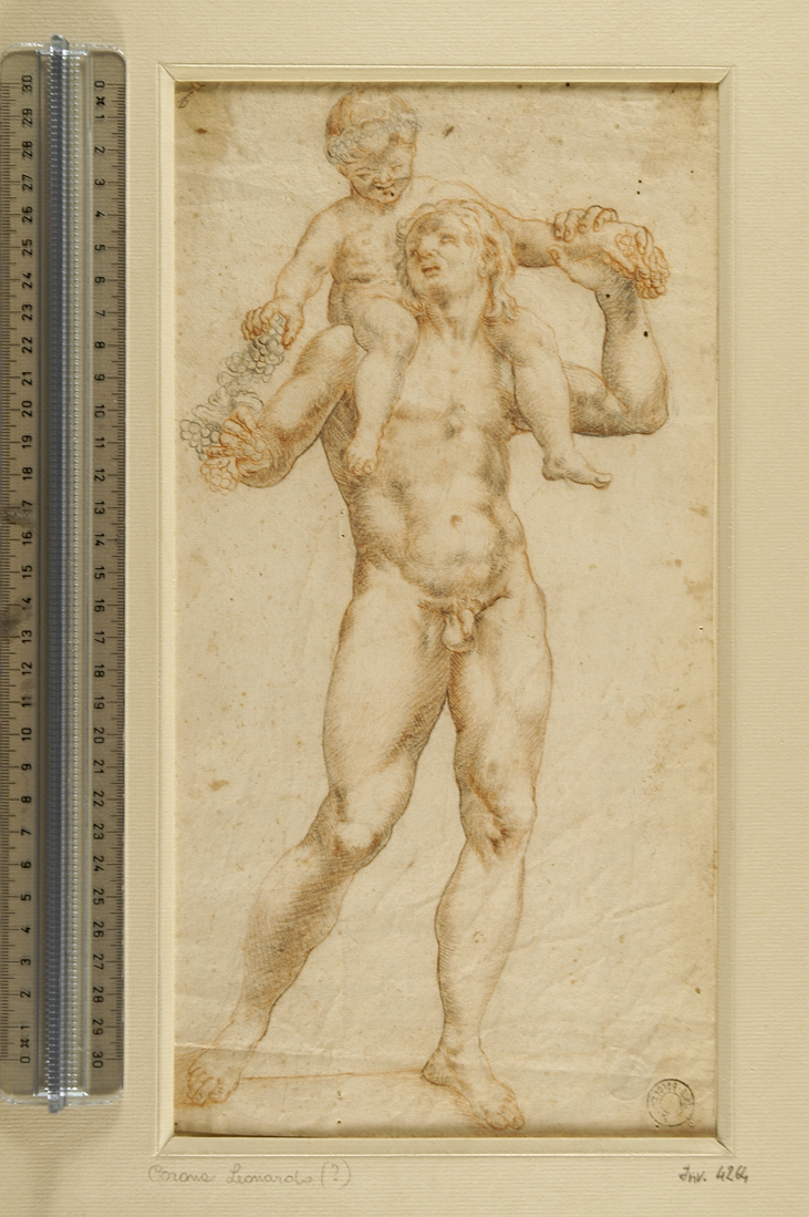 figura maschile ignuda reggente sulle spalle un putto con grappoli d'uva (disegno) di Corona Leonardo (attribuito) (seconda metà sec. XVI)