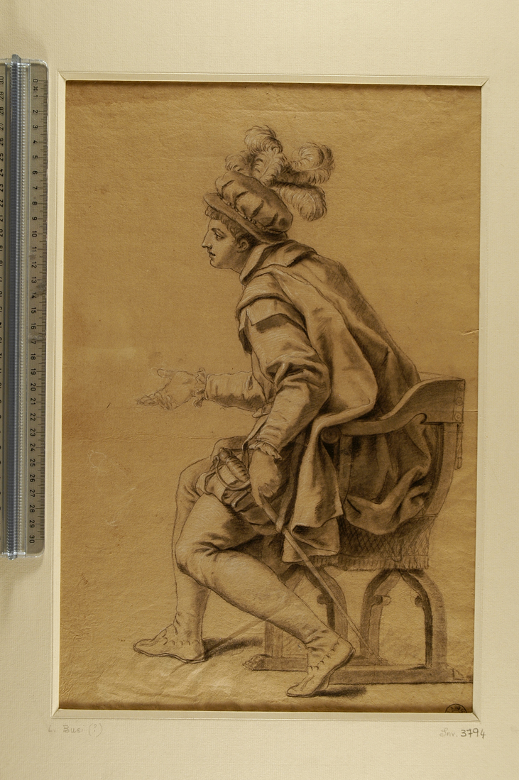 giovane vestito alla spagnola con cappello in testa e una spada in mano, di profilo verso sinistra (disegno) di Busi Luigi (attribuito) (seconda metà sec. XIX)