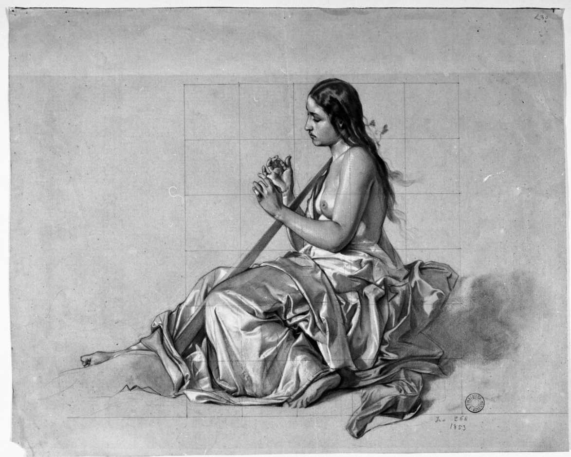 figura femminile seduta a torso nudo in atto di suonare un'arpa (disegno) di Busi Luigi (sec. XIX)