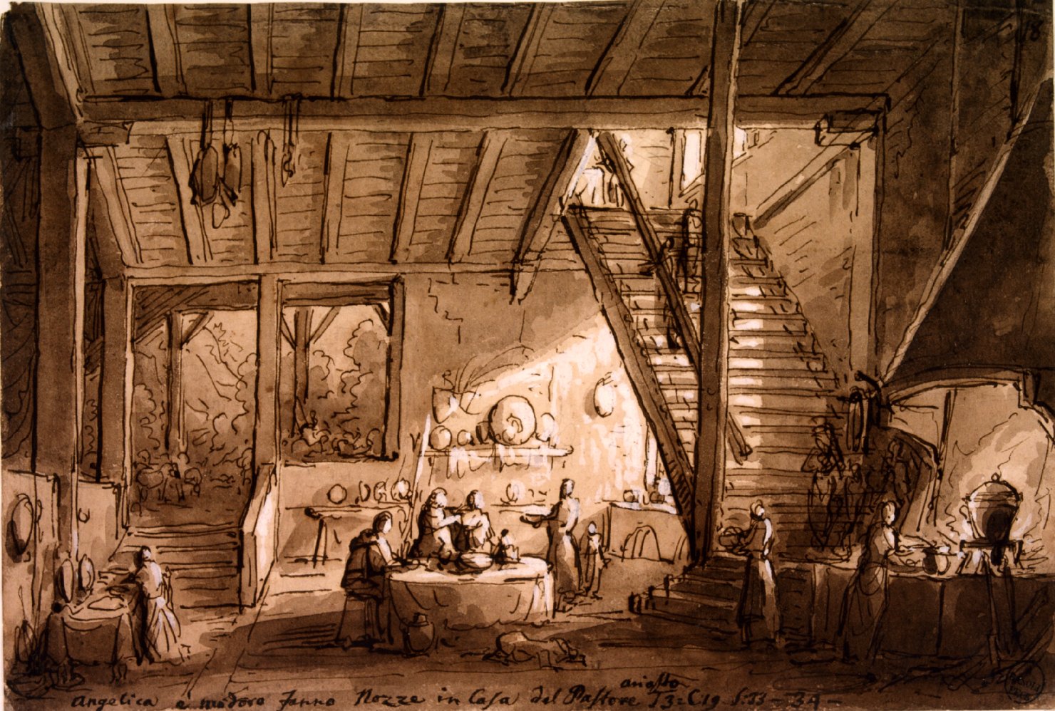 Angelica cura Medoro nella capanna del pastore, Angelica cura Medoro nella capanna del pastore (disegno, elemento d'insieme) di Basoli Antonio (sec. XIX)