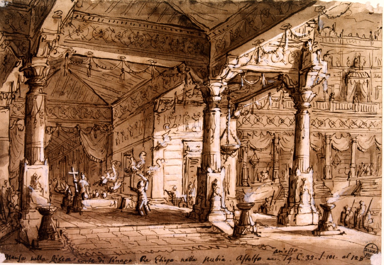 sala con mensa nella rocca di Tristano, rocca di Tristano (disegno, elemento d'insieme) di Basoli Antonio (sec. XIX)