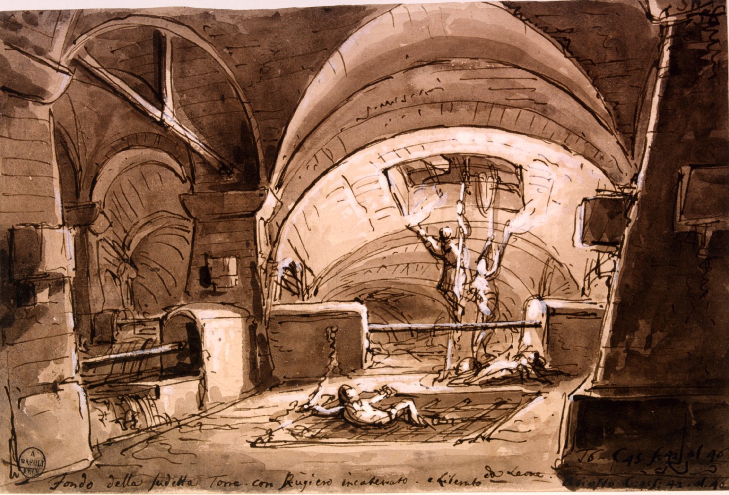 fondo della sudetta torre con Rugiero incatenato, interno di torre con Ruggiero incatenato (disegno, elemento d'insieme) di Basoli Antonio (sec. XIX)