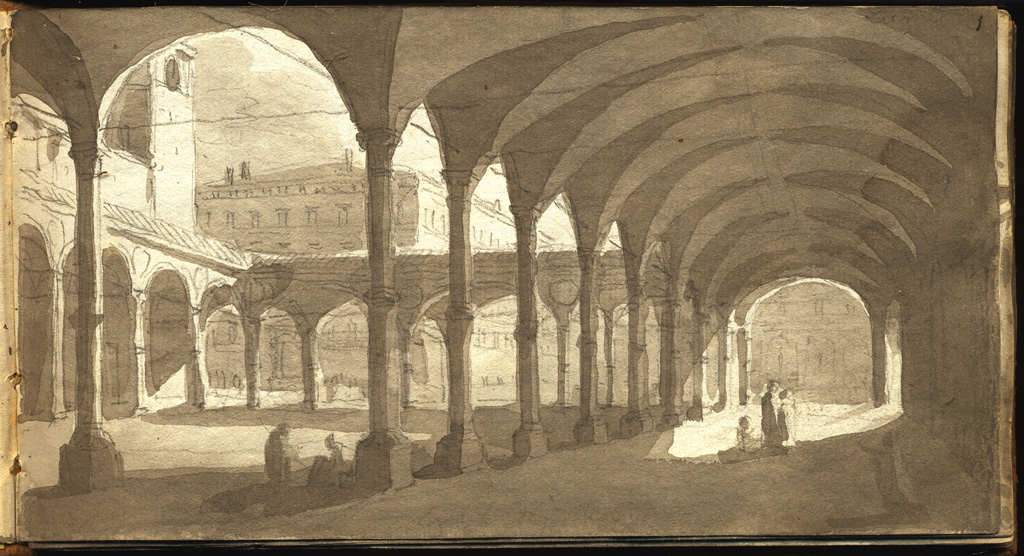 cortile che è in Bologna dirimpetto alla chiesa detta dei Servi in Strada Maggiore, veduta di portico (disegno, elemento d'insieme) di Basoli Antonio (sec. XIX)