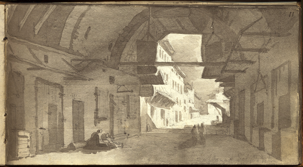 veduta rustica di gran volto sotto al palazzo detto Podestà in Bologna, veduta di voltone (disegno, elemento d'insieme) di Basoli Antonio (sec. XIX)
