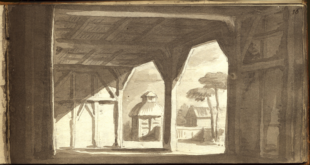 scena di capanna americana, scena teatrale (disegno, elemento d'insieme) di Basoli Antonio (sec. XIX)
