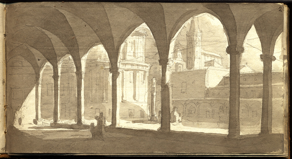veduta del claustro o cortile nel convento di S. Domenico in Bologna, veduta di portico (disegno, elemento d'insieme) di Basoli Antonio (sec. XIX)