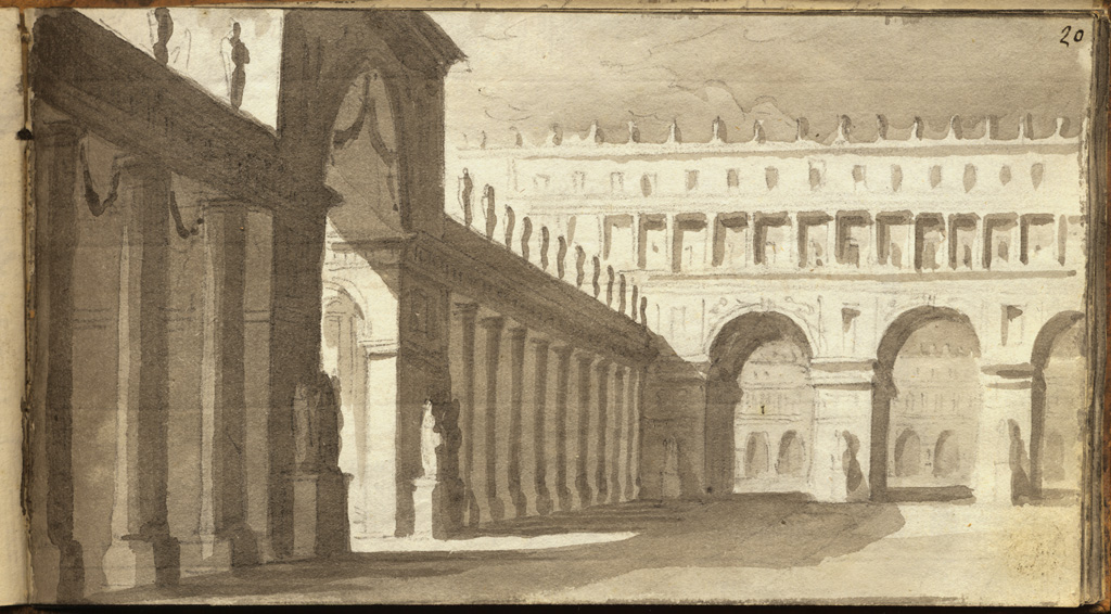 introduzione ad un palazzo reggio, scena del professore Sanquirico di Milano, scena teatrale (disegno, elemento d'insieme) di Basoli Antonio (sec. XIX)