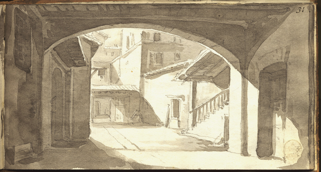 coridoio rustico di casa a in Milano in strada Cordusio, veduta di strada con case (disegno, elemento d'insieme) di Basoli Antonio (sec. XIX)