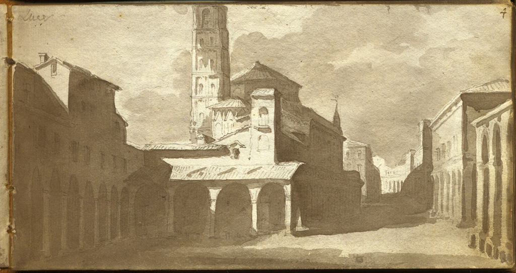 esterno della chiesa dei frati di S. Giacomo nella piazza del Teatro Comunale in Bologna, veduta di chiesa (disegno, elemento d'insieme) di Basoli Antonio (sec. XIX)