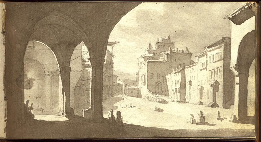 veduta della strada nominata strada maggiore in Bologna, veduta di strade con case (disegno, elemento d'insieme) di Basoli Antonio (sec. XIX)