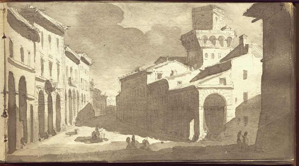 veduta della strada chiamata S. Donato che lascia vedere lo stabilimento della Università in Bologna, veduta di strade con case (disegno, elemento d'insieme) di Basoli Antonio (sec. XIX)