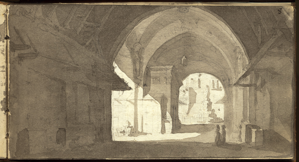voltone del palazzo del Podestà nella piazza in Bologna, veduta di voltone (disegno, elemento d'insieme) di Basoli Antonio (sec. XIX)