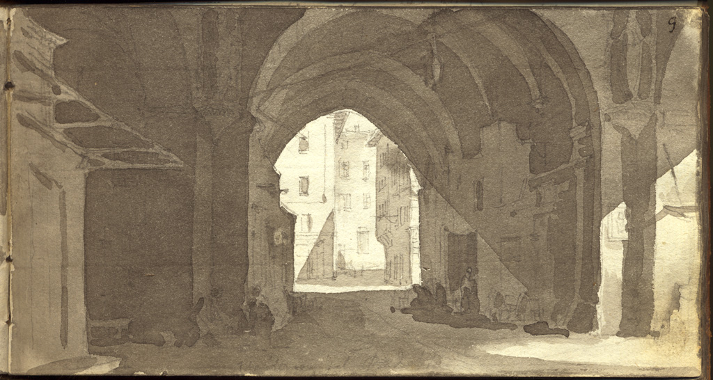 volta del palazzo del Podestà, veduta di voltone (disegno, elemento d'insieme) di Basoli Antonio (sec. XIX)