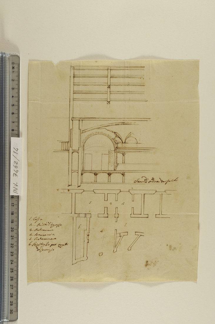 pianta e spaccato di teatro (disegno) di Antolini Filippo (metà sec. XIX)