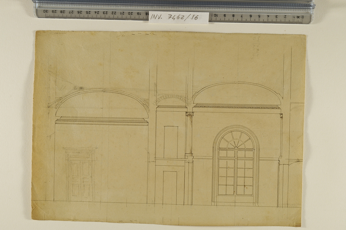 studio di particolare di corridoio con porta e finestrone (disegno preparatorio) di Antolini Filippo (metà sec. XIX)