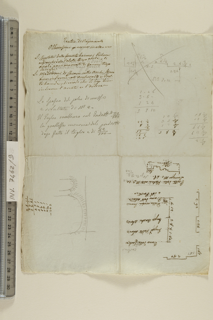 schizzo di archi e appunti per il teatro di Bagnacavallo (disegno preparatorio) di Antolini Filippo (sec. XIX)
