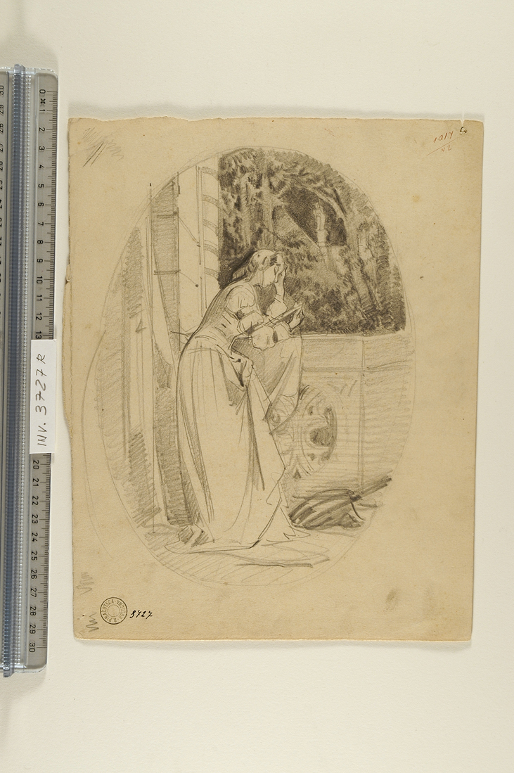 donna che legge, in piedi, appoggiata ad un balcone/ donna in piedi con erma (disegno) di Busi Luigi (seconda metà sec. XIX)