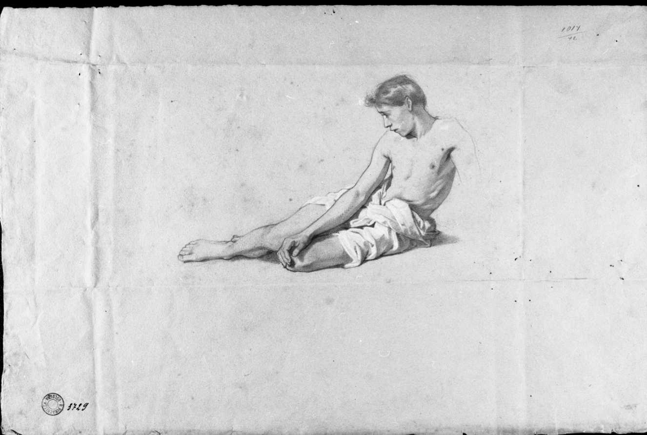 studio di giovane seminudo, seduto, volto verso sinistra/ parte inferiore di scultura antica (disegno preparatorio) di Busi Luigi (sec. XIX)