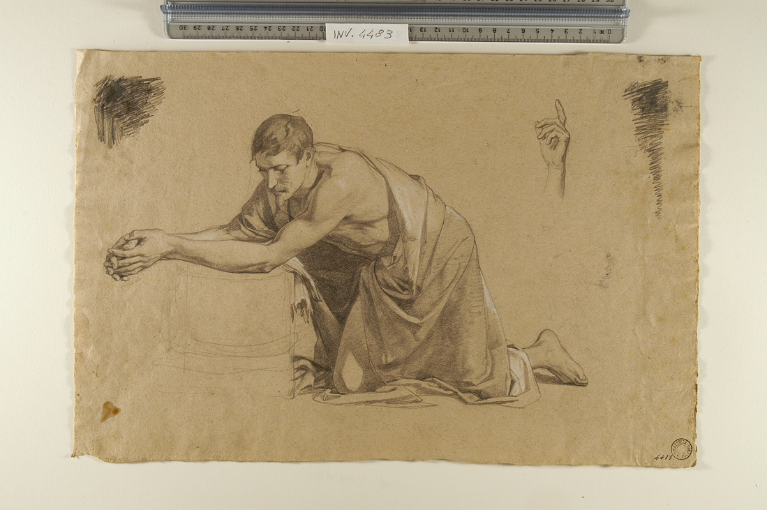 figura maschile inginocchiata con le braccia appoggiate ad un ceppo (disegno preparatorio) di Busi Luigi (seconda metà sec. XIX)