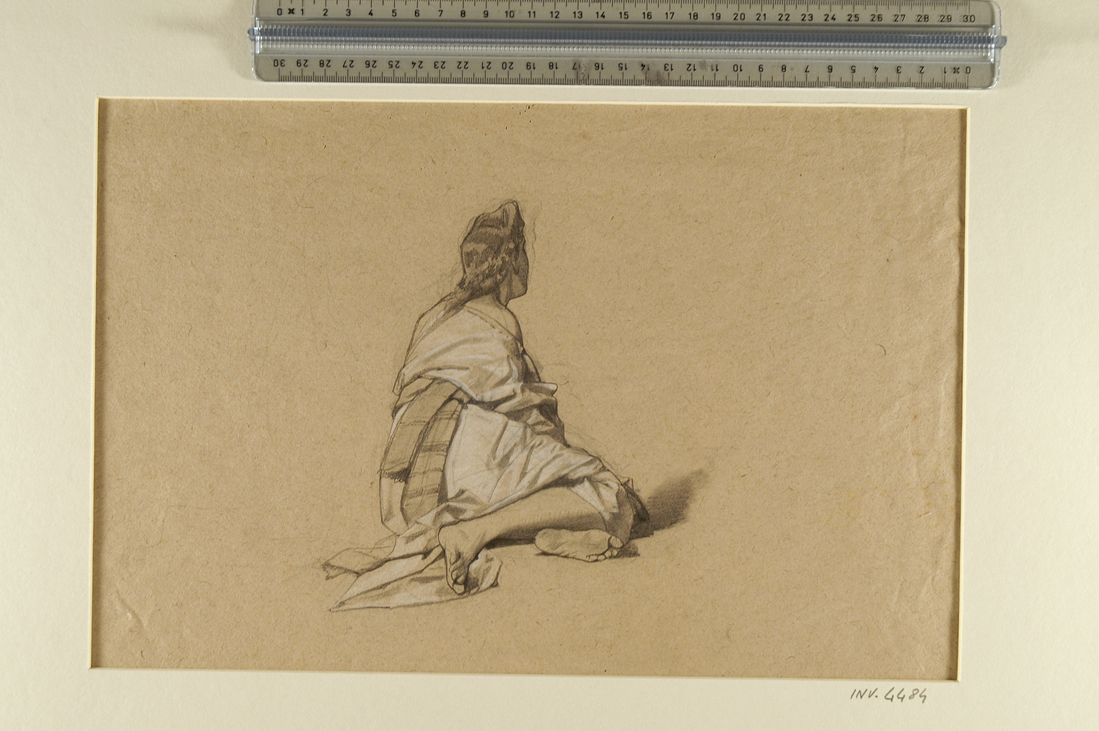 donna in costume orientale, seduta per terra, vista da tergo/ due uomini ignudi (disegno preparatorio) di Busi Luigi (sec. XIX)